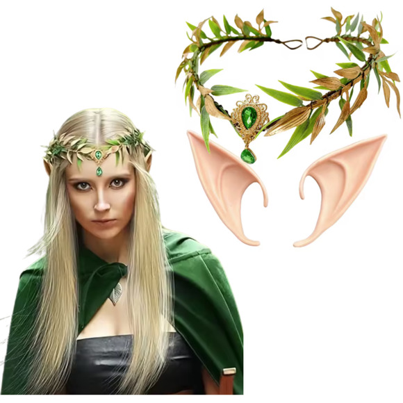 Cosplay Elf Tiara Crown with Ears Woodland Fairy Leaf Headpiece Fantasy Costume - Picture 1 of 10